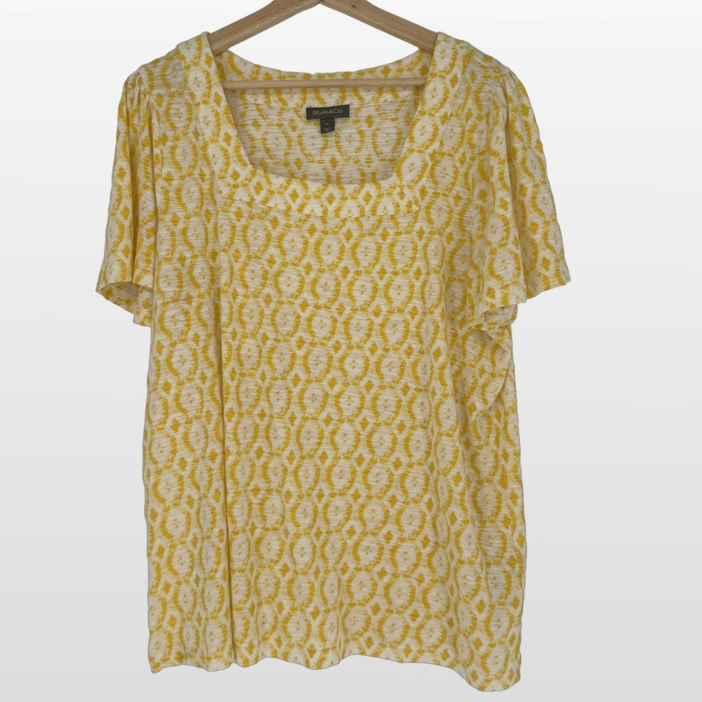 Style & Co Top‎ XL Yellow Geometric Ikat Square Neck Flutter Sleeve Boho Blouse